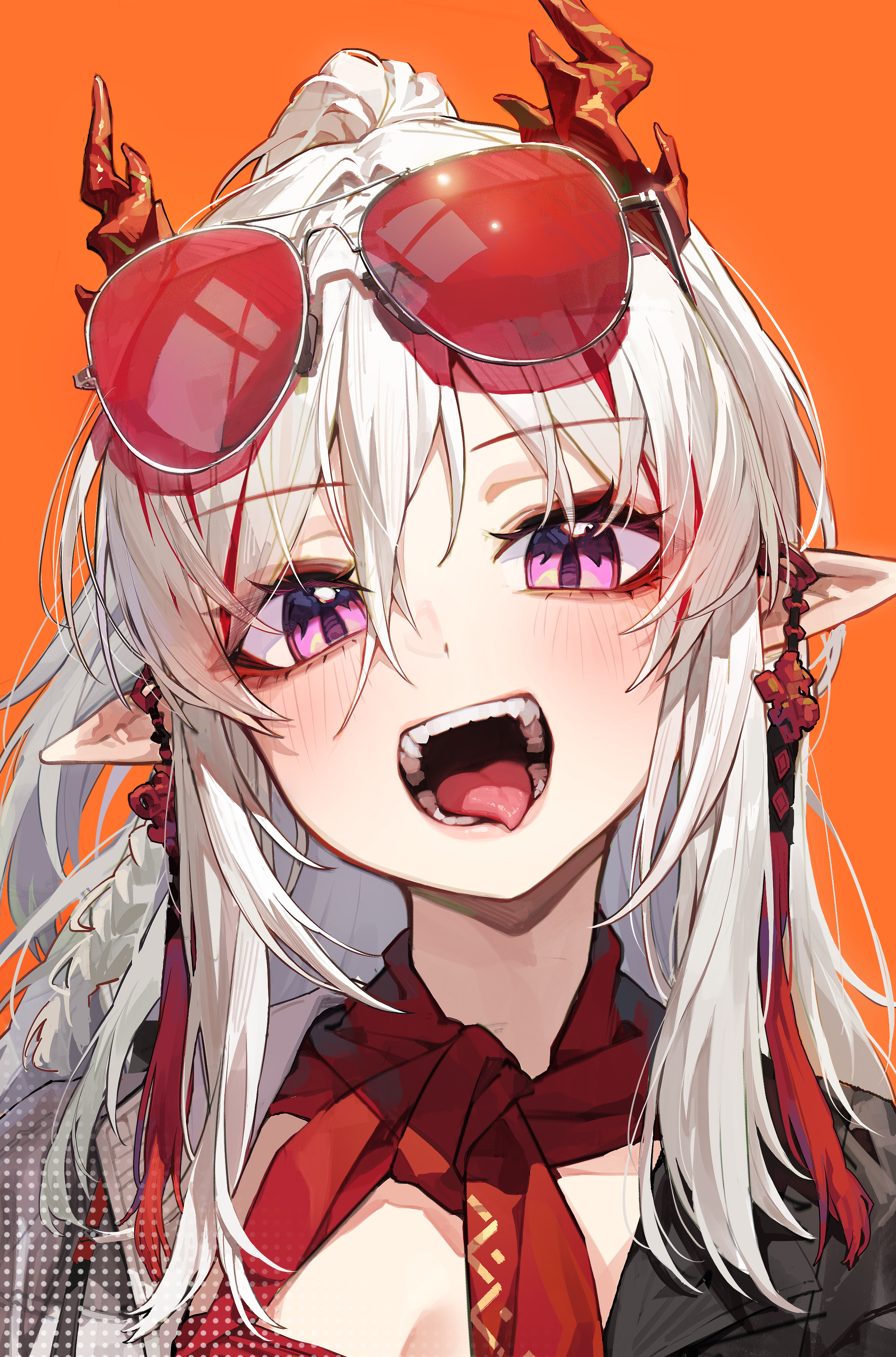 kokukyukeo, nian (arknights), nian (thunderbolt director) (arknights), arknights, absurdres, highres, 1girl, blush, breasts, cleavage, eyewear on head, fangs, glasses, horns, jacket, long hair, looking at viewer, official alternate costume, open mouth, pointy ears, ponytail, purple eyes, scarf, slit pupils, solo, teeth, tongue, upper body, white hair