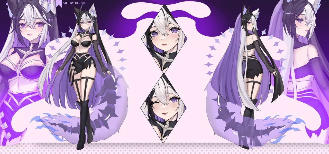 zaikiai, indie virtual youtuber, 1girl, animal ears, breasts, cleavage, full body, goth fashion, long hair, multicolored hair, one eye closed, purple eyes, reference sheet, smile, virtual youtuber, wink