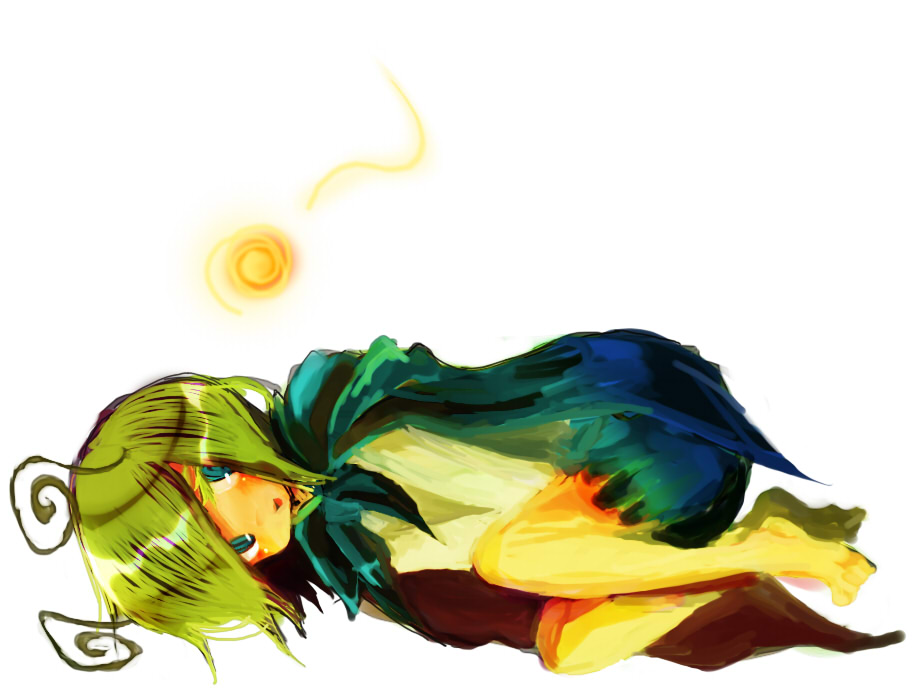 k no hito, wriggle nightbug, touhou, bad id, bad pixiv id, 1girl, antennae, barefoot, bug, female focus, fetal position, firefly, full body, solo, white background