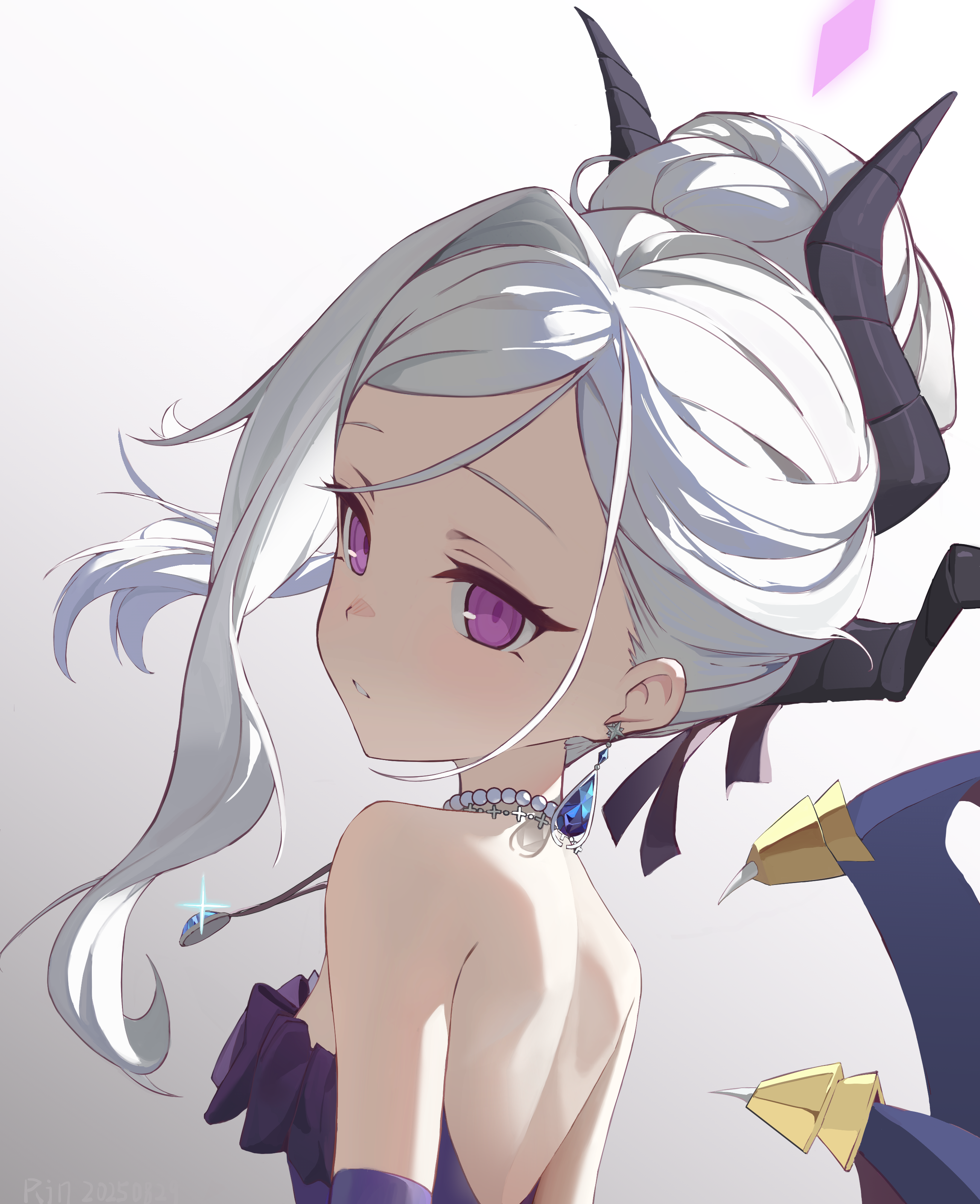 hina (blue archive), hina (dress) (blue archive), blue archive, absurdres, highres, 1girl, back, breasts, demon girl, demon horns, demon wings, halo, horns, long hair, looking at viewer, purple eyes, simple background, small breasts, solo, user tugw4442, white background, white hair, wings