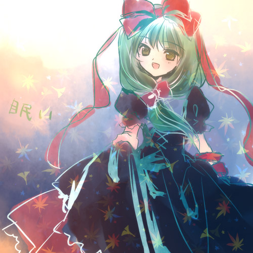 torii sumi, kagiyama hina, touhou, lowres, 1girl, blush, bow, dress, female focus, frills, front ponytail, green eyes, green hair, hair bow, looking at viewer, matching hair/eyes, puffy short sleeves, puffy sleeves, red bow, red dress, shawl, short hair, short sleeves, solo, tareme, wrist cuffs