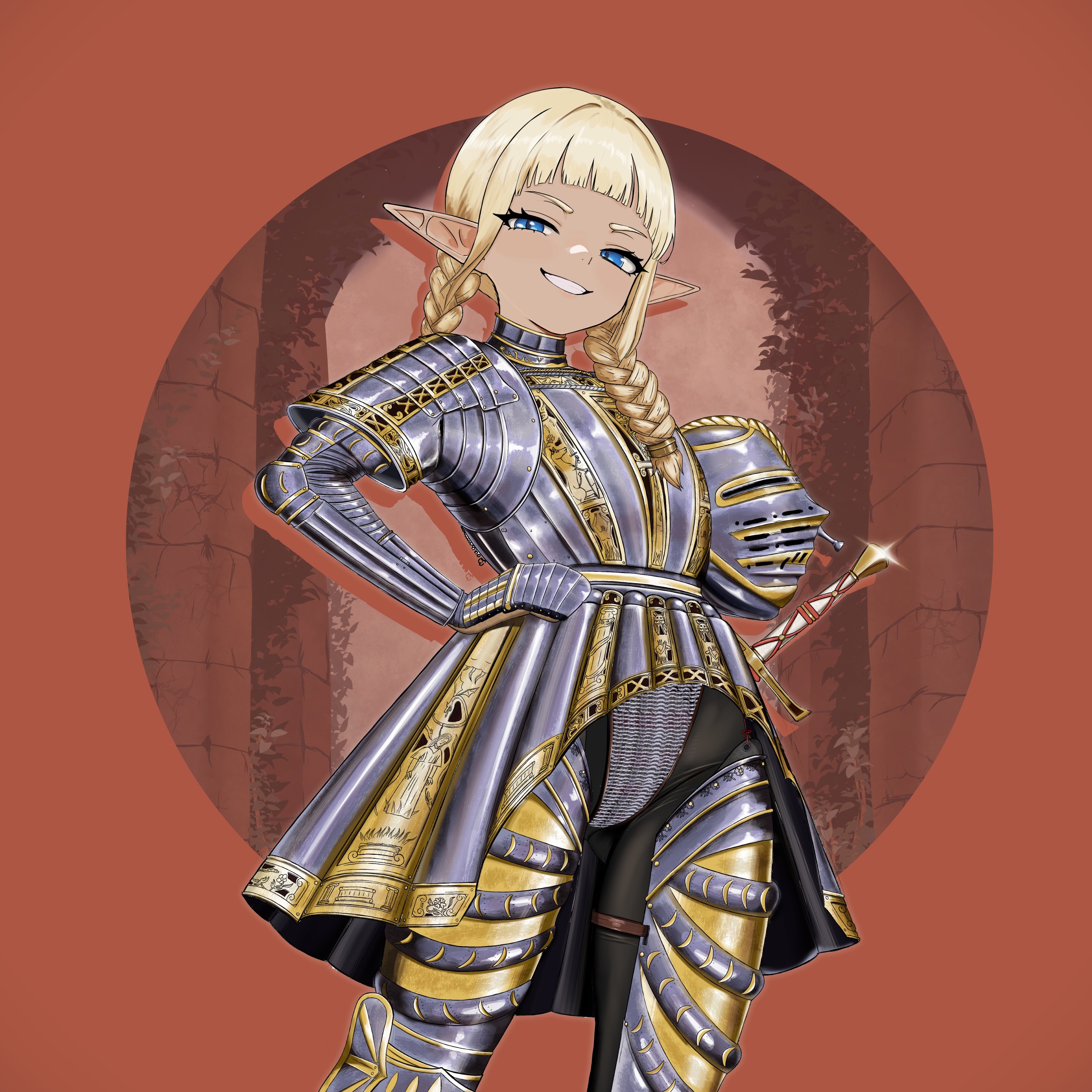 boagnnnnnnn, original, absurdres, commentary, english commentary, highres, 1girl, armor, blonde hair, blue eyes, blunt bangs, braid, breastplate, dark-skinned female, dark skin, elf, faulds, gauntlets, greaves, grin, hand on own hip, helmet, holding, holding unworn helmet, long hair, looking at viewer, pointy ears, sheath, sheathed, smile, solo, sword, twin braids, unworn headwear, unworn helmet, weapon