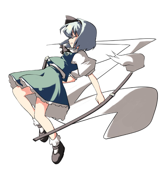 miaka (artist), salty (cherrypie), konpaku youmu, konpaku youmu (ghost), touhou, silver hair, 1girl, blue eyes, bobby socks, dress, female focus, full body, green dress, hitodama, katana, looking at viewer, mary janes, puffy short sleeves, puffy sleeves, shaded face, sheath, sheathed, shoes, short hair, short sleeves, simple background, socks, solo, sword, tassel, weapon, white background, white socks