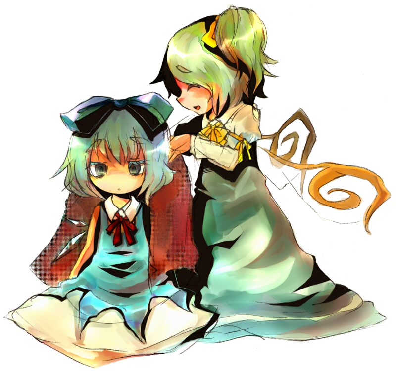 k no hito, cirno, daiyousei, embodiment of scarlet devil, touhou, bad id, bad pixiv id, 2girls, bow, female focus, multiple girls, towel, wet, wings