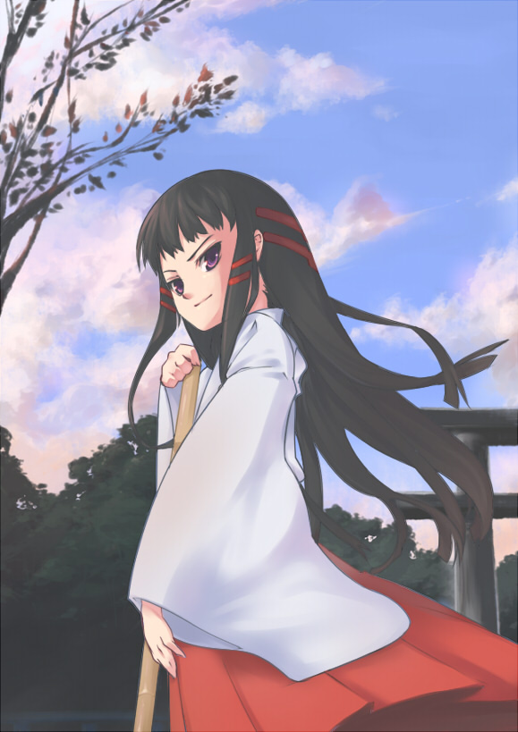 akinaie, yoshio (55level), jakuri (ar tonelico), ar tonelico, ar tonelico ii, gust, bad id, bad pixiv id, 00s, 1girl, female focus, hakama, hakama skirt, japanese clothes, miko, outdoors, red hakama, skirt, sky, solo, torii