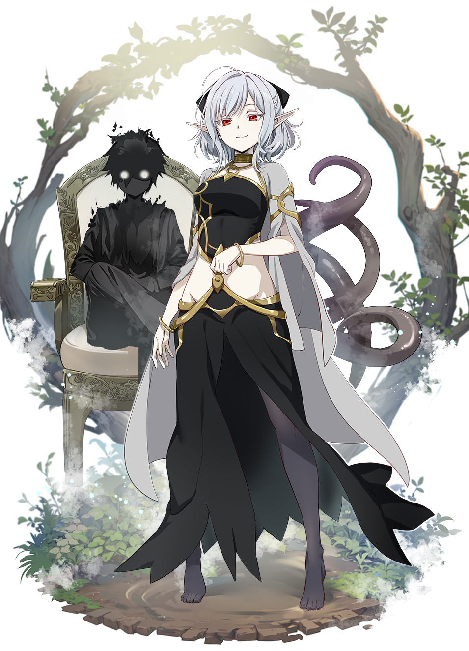 nyoro (nyoronyoro000), atou (isekai mokushiroku mynoghra), isekai mokushiroku mynoghra, character request, highres, 1boy, 1girl, black pantyhose, breasts, cloak, clothing cutout, grey hair, long hair, medium breasts, pantyhose, pointy ears, red eyes, standing, stomach cutout, tentacles