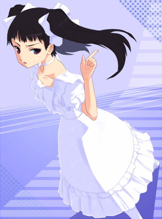 akinaie, yoshio (55level), jakuri (ar tonelico), ar tonelico, ar tonelico ii, gust, white legwear, >:o, 00s, 1girl, :o, black hair, choker, dress, dutch angle, female focus, pointing, purple eyes, solo, twintails, v-shaped eyebrows, white dress