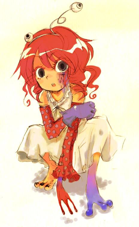 k no hito, bad id, bad pixiv id, 1girl, barefoot, elbow gloves, female focus, frog, gloves, monster girl, red hair, solo, squatting