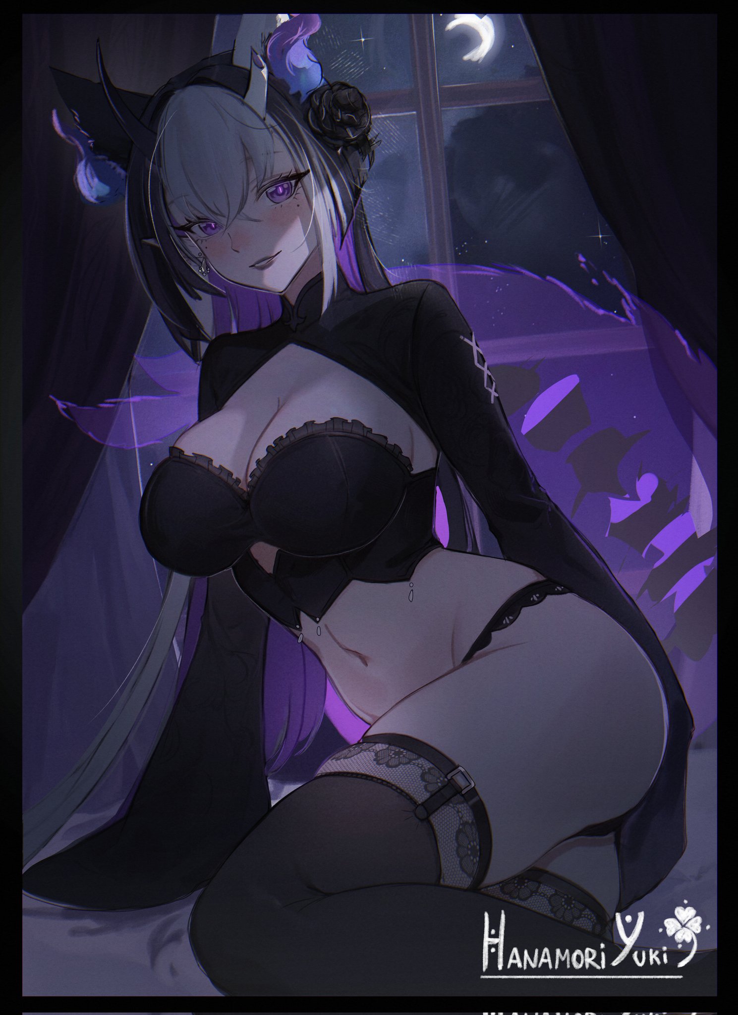 zaikiai, indie virtual youtuber, 1girl, animal ears, blush, breasts, cleavage, demon horns, horns, looking at viewer, medium breasts, moon, moonlight, multicolored hair, night, night sky, sky, solo, tail, thighhighs, virtual youtuber, window