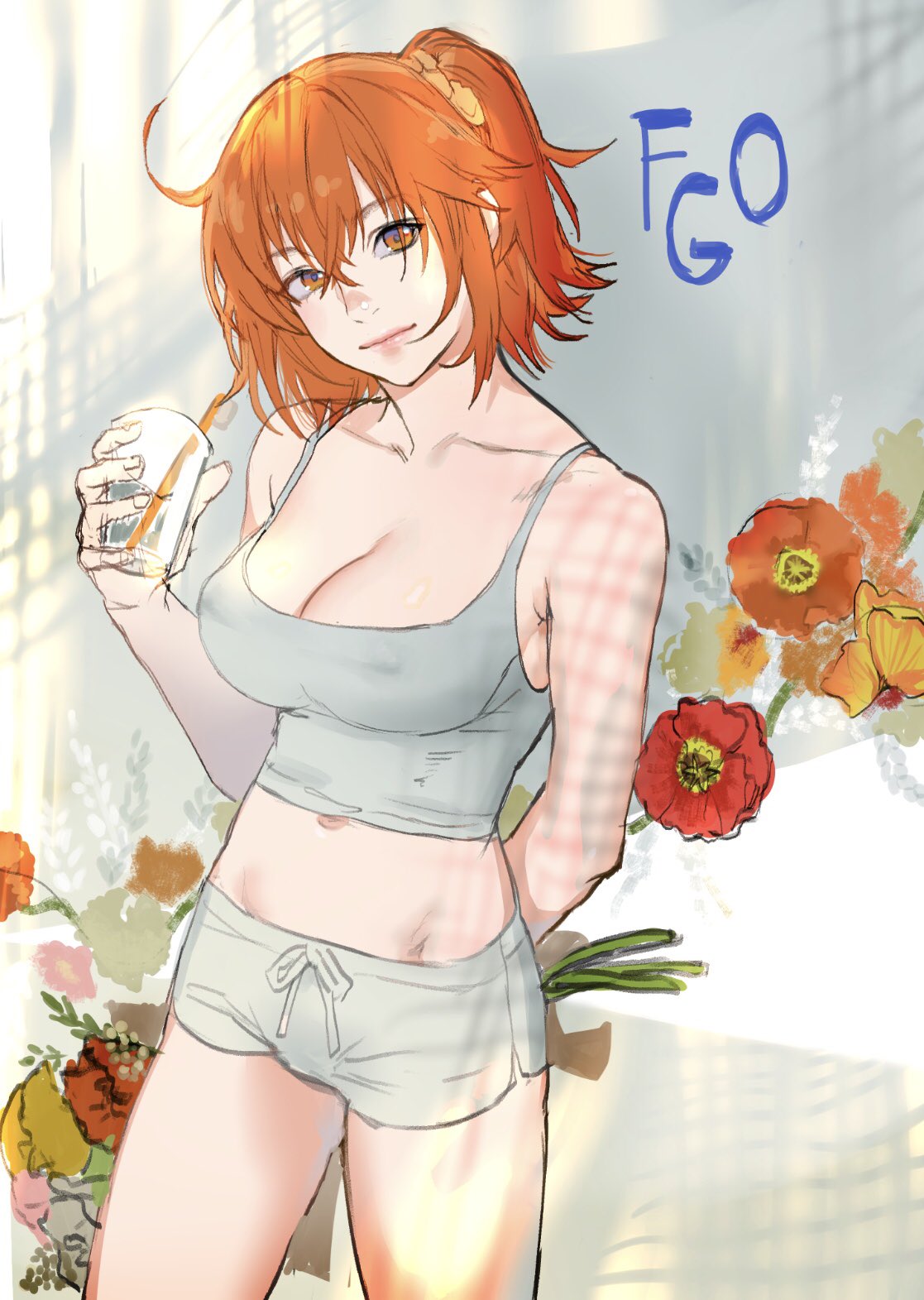 katekari yuusuke, fujimaru ritsuka (female), fate/grand order, fate (series), highres, 1girl, arm behind back, breasts, cleavage, closed mouth, collarbone, covered erect nipples, cup, drinking straw, flower, grey shirt, grey shorts, groin, holding, holding behind back, holding cup, large breasts, looking at viewer, navel, orange eyes, orange flower, orange hair, poppy (flower), red flower, shirt, shorts, side ponytail, smile, yellow flower