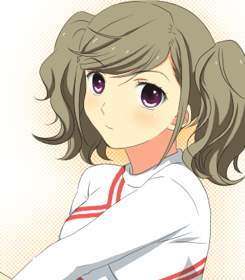 jimeko, eyebrows, lowres, 1girl, brown hair, female focus, long sleeves, looking at viewer, purple eyes, red eyes, shirt, short hair, solo, sweater, swept bangs, upper body, white shirt