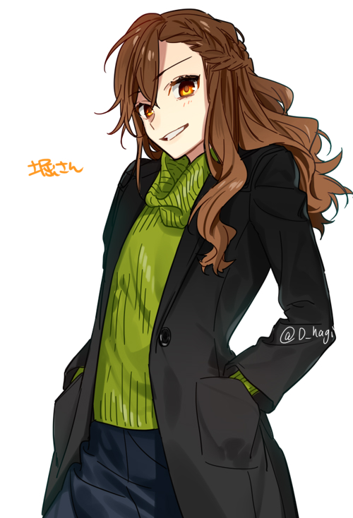 hagiwara daisuke, hori kyouko, hori-san to miyamura-kun, 1girl, black coat, brown hair, buttons, character name, coat, cowboy shot, green sweater, hands in pockets, long hair, looking at viewer, open clothes, open coat, simple background, smile, solo, sweater, teeth, turtleneck, turtleneck sweater, twitter username, white background