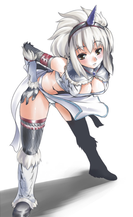 akinaie, yoshio (55level), capcom, monster hunter (series), 1girl, boots, breasts, brown eyes, cleavage, female focus, gloves, grey hair, hairband, horns, kirin (armor), leaning forward, single horn, solo, thighhighs, toned, toned female