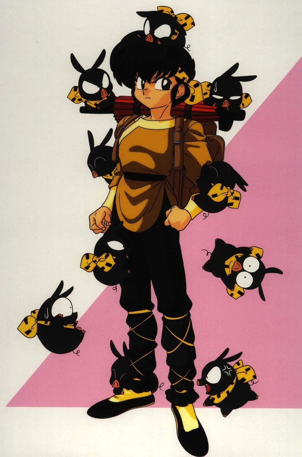 nakajima atsuko, hibiki ryouga, p-chan, ranma 1/2, highres, non-web source, 1990s (style), 1boy, bandana, black hair, full body, male focus, pig, retro artstyle, solo, standing