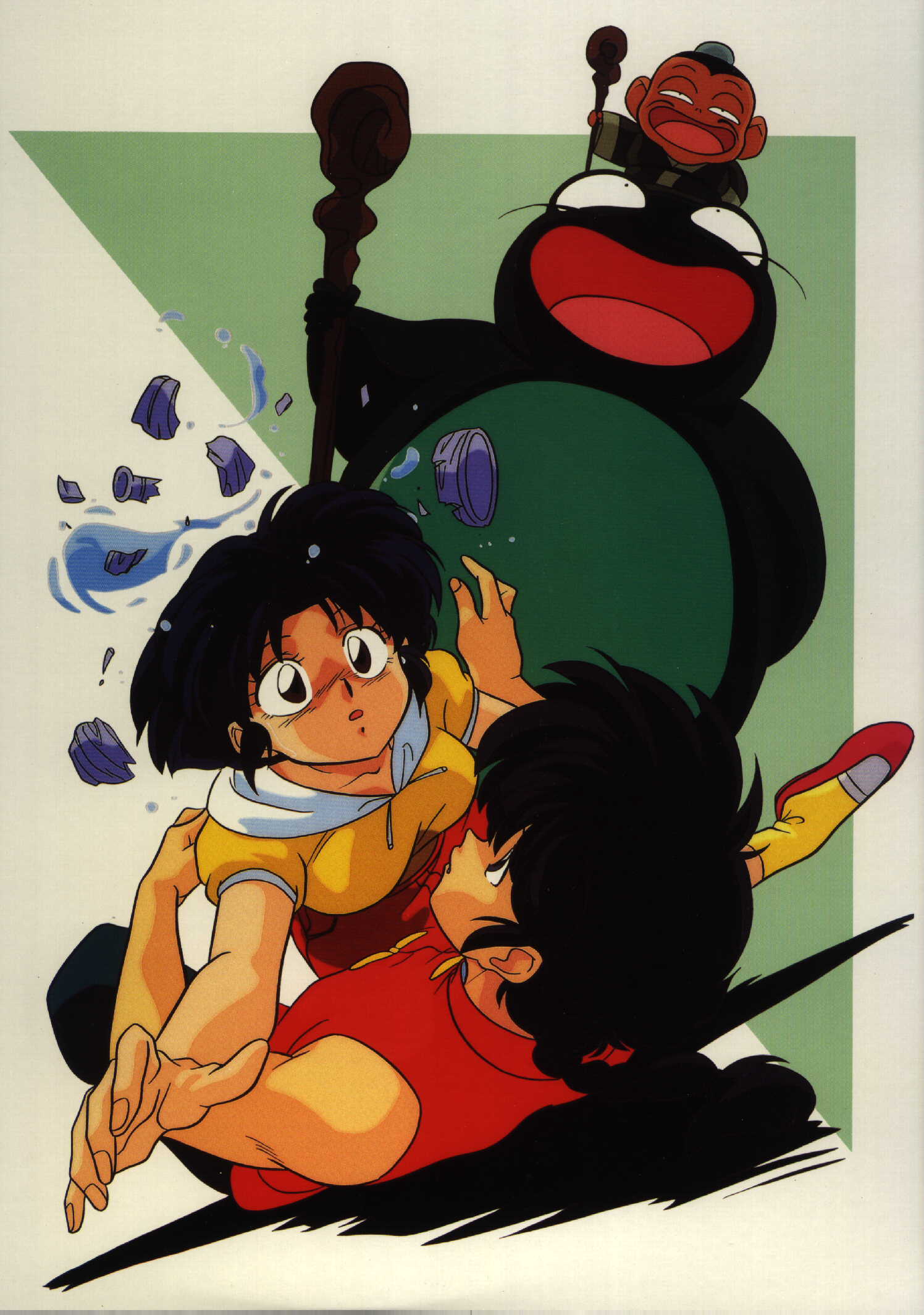 nakajima atsuko, saotome ranma, tendou akane, ranma 1/2, highres, non-web source, 1990s (style), 1boy, 1girl, bare shoulders, black eyes, black hair, evil smile, fallen down, falling, girl on top, looking at viewer, lying, monster, on back, outstretched arm, retro artstyle, short hair, silhouette, smile, spiked hair, wide-eyed
