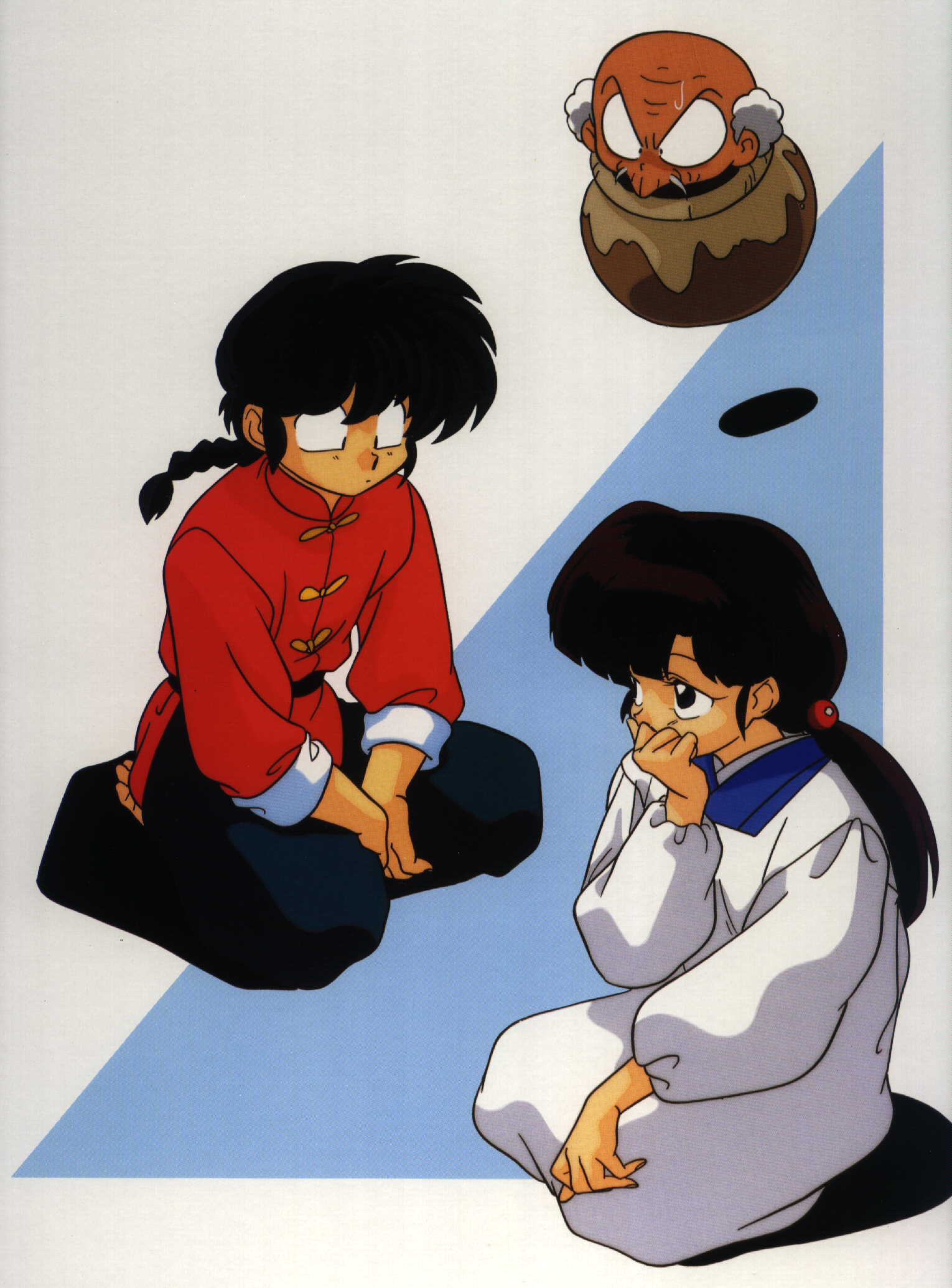 nakajima atsuko, happosai, kuonji ukyou, saotome ranma, ranma 1/2, highres, non-web source, 1990s (style), 1girl, 2boys, apron, braid, chinese clothes, covered mouth, hand to own mouth, kappougi, kneeling, low ponytail, multiple boys, old, old man, own hands together, ponytail, retro artstyle, single braid, sitting, sleeves rolled up, tangzhuang