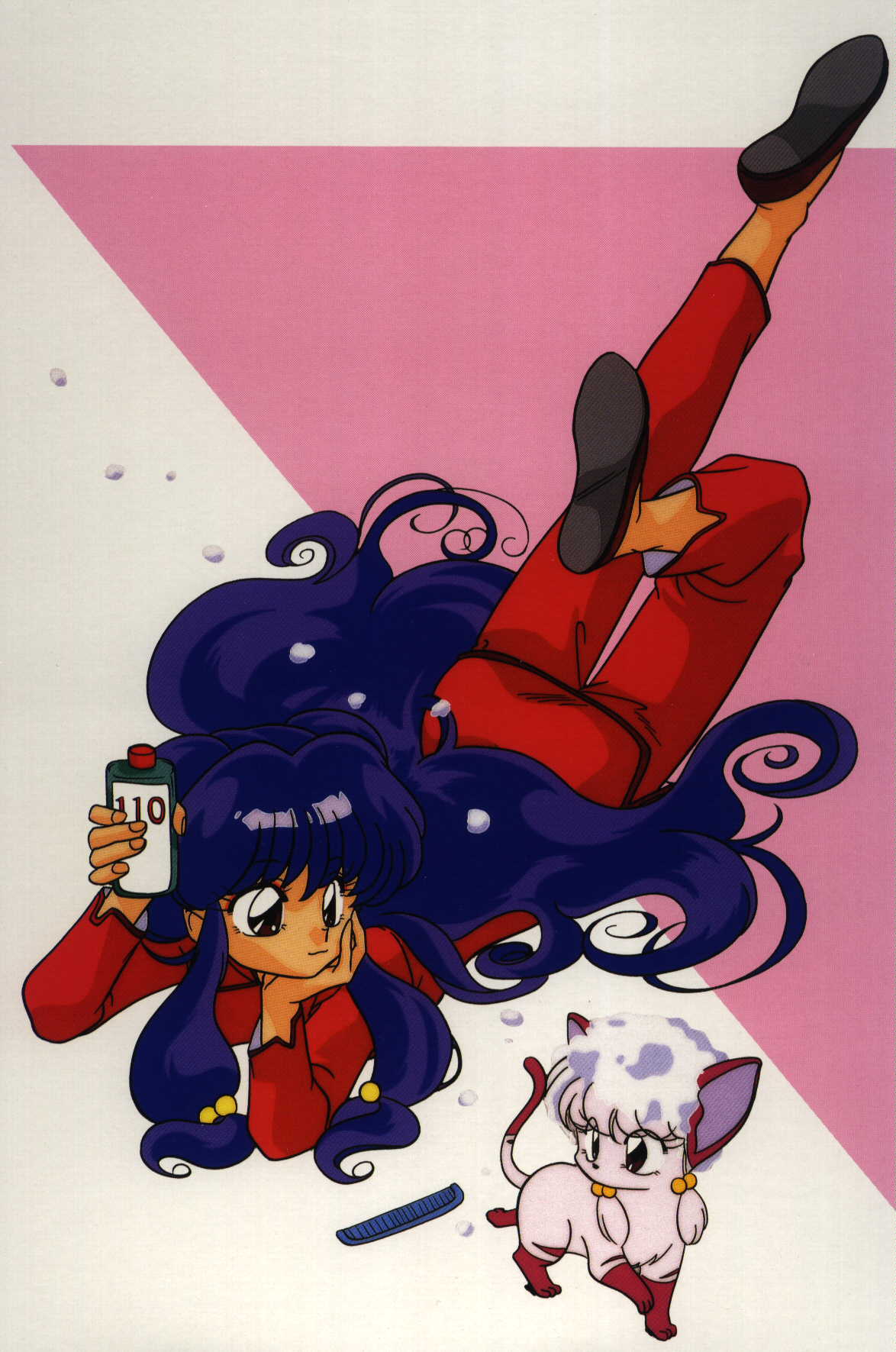 nakajima atsuko, shampoo (ranma 1/2), ranma 1/2, highres, non-web source, official art, scan, 1990s (style), 1girl, bell, blue hair, capri pants, cat, comb, dual persona, full body, hair bell, hair ornament, head rest, long hair, lying, pants, retro artstyle, shampoo