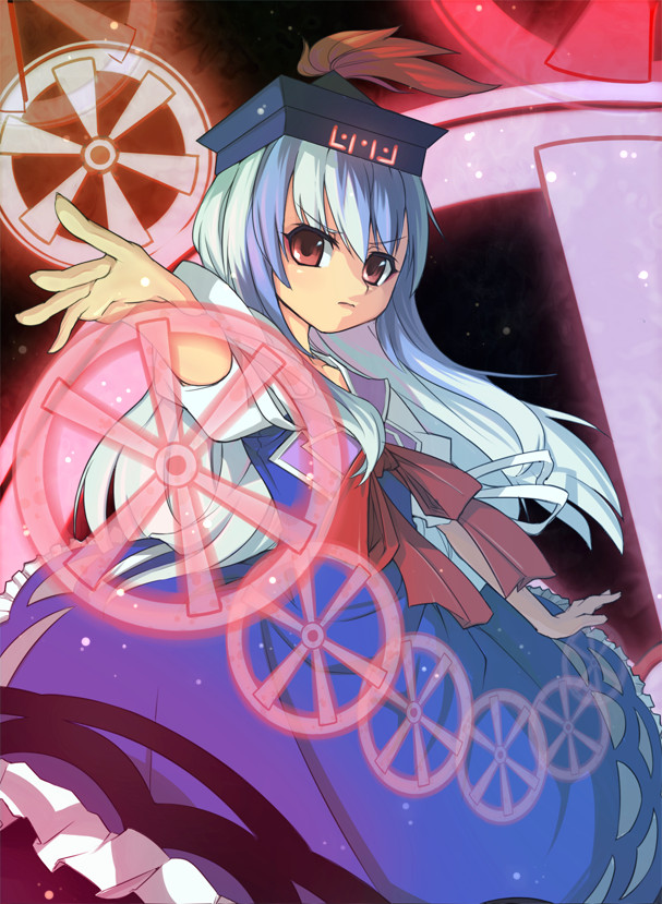 akinaie, yoshio (55level), kamishirasawa keine, touhou, kerchief, silver hair, 1girl, arch, blue dress, building, dress, female focus, hat, long hair, looking at viewer, magic, pillar, red eyes, red ribbon, ribbon, solo, standing, tate eboshi, wheel