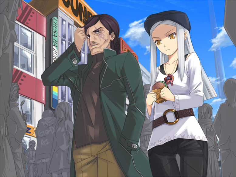 akinaie, yoshio (55level), sergei smirnov, soma peries, gundam, gundam 00, 00s, 1boy, 1girl, belt, burger, casual, crowd, food, outdoors, people, road, scar, scar across eye, scar on face, sky, street, white hair, yellow eyes