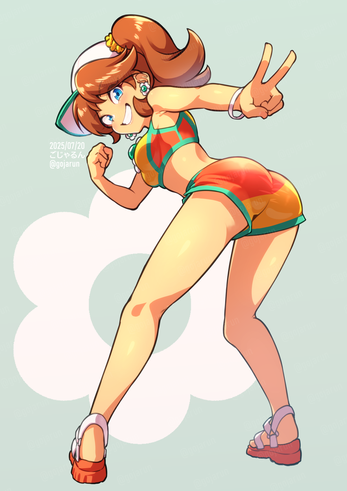 gojarun, princess daisy, princess daisy (swimwear) (mario kart world), mario (series), mario kart, mario kart world, nintendo, highres, 1girl, armpit crease, artist name, ass, blue eyes, breasts, brown hair, dated, earrings, flower earrings, hat, jewelry, long hair, looking back, medium breasts, midriff, official alternate costume, orange sandals, orange shorts, orange sports bra, ponytail, sandals, shorts, smile, sports bra, v, white hat, yellow shorts, yellow sports bra