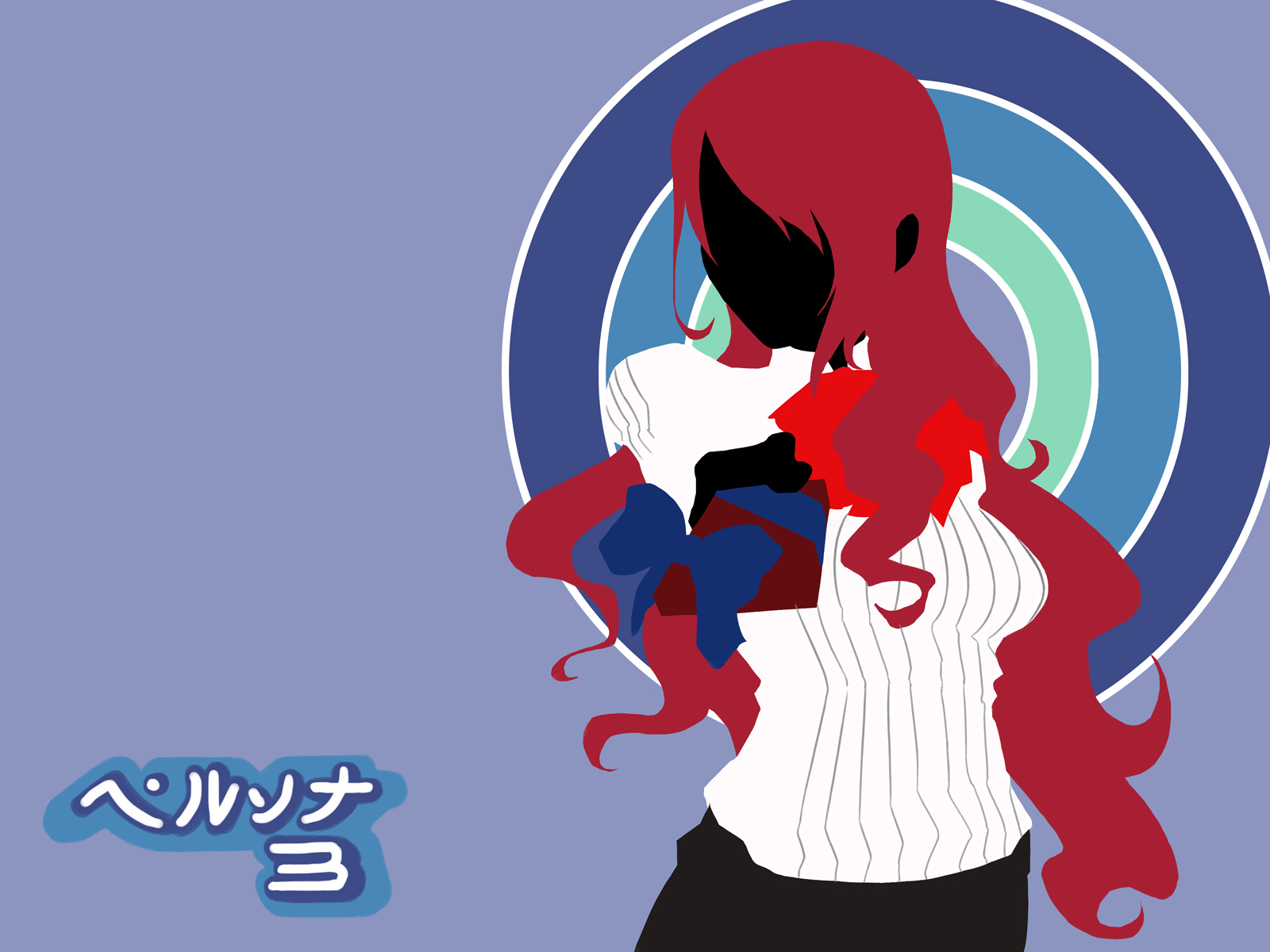 eu03, kirijou mitsuru, atlus, feel the magic, kimi no tame nara shineru, persona, persona 3, highres, 1girl, blue background, bow, breasts, copyright name, crossover, faceless, female focus, flat color, foreshortening, gift, hair over breasts, hair over one eye, large breasts, long hair, looking at viewer, outstretched arm, parody, red hair, school uniform, shirt, sidelocks, silhouette, simple background, skirt, solo, striped clothes, striped shirt, swept bangs, turtleneck, upper body, very long hair, wavy hair