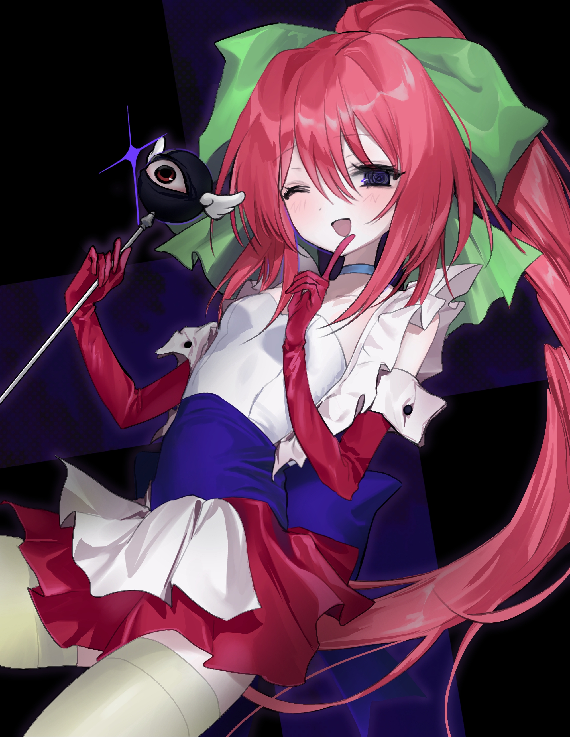 braised cutlass, riruru (subarashiki hibi), absurdres, commentary, highres, 1girl, back bow, black background, blue bow, blue choker, bow, choker, cowboy shot, elbow gloves, frills, gloves, green bow, hair bow, holding, holding wand, index finger raised, long hair, looking at viewer, one eye closed, ponytail, purple eyes, red gloves, red hair, red skirt, skirt, smile, solo, thighhighs, tsui no sora, very long hair, wand, zettai ryouiki
