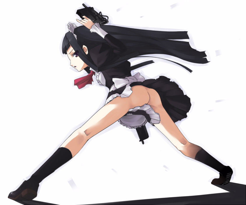 akinaie, yoshio (55level), jakuri (ar tonelico), ar tonelico, ar tonelico ii, gust, 00s, 1girl, apron, ass, black eyes, black hair, bow, combat maid, dual wielding, female focus, frills, from behind, gun, headdress, holding, long hair, maid, maid apron, no panties, simple background, solo, submachine gun, weapon