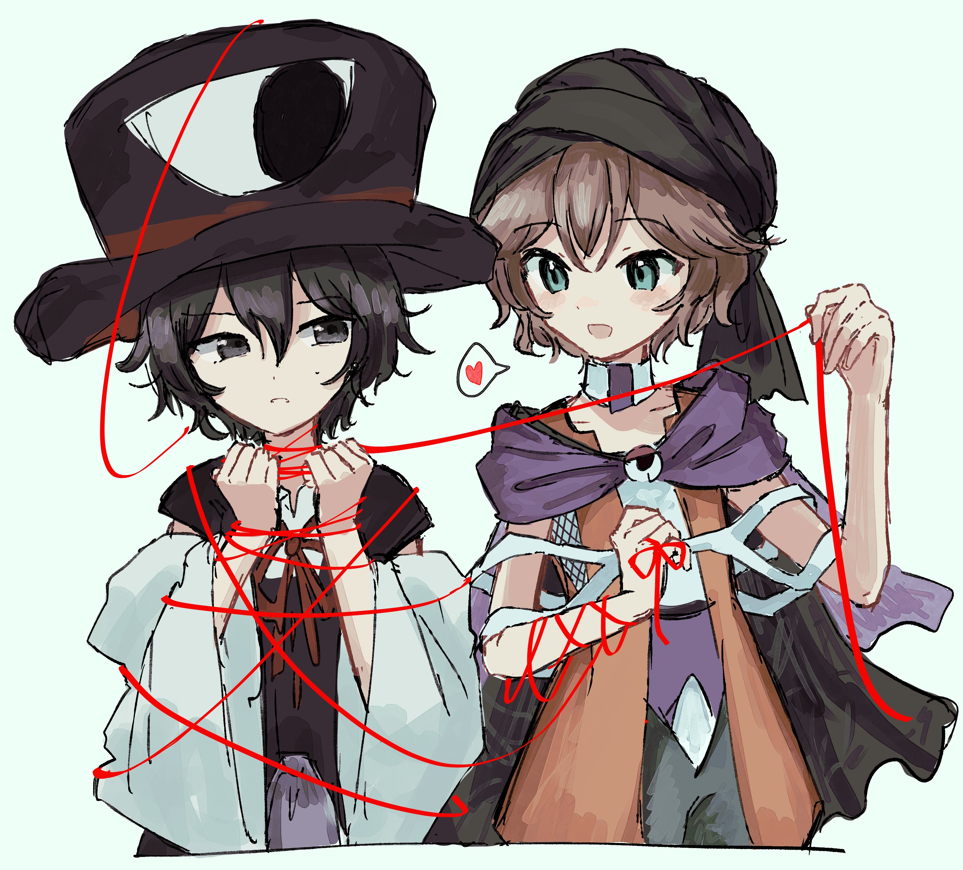kimura8556spsk, cine hamal, enraku tsubakura, kuzu suzumi, len'en, absurdres, highres, 2others, androgynous, bandana, bare shoulders, black bandana, black cape, black coat, black hair, black hat, blue eyes, bound, bound arms, brooch, brown hair, cape, choker, coat, collarbone, collared shirt, cropped legs, detached sleeves, dot nose, eye brooch, eye of senri, green shorts, grey eyes, hair between eyes, happy, hat, heart, holding, holding string, jacket, jewelry, long sleeves, looking at another, multiple others, neck ribbon, nervous, open clothes, open jacket, open mouth, orange jacket, other focus, parted lips, purple scarf, purple shirt, red ribbon, ribbon, scarf, shirt, short hair, shorts, simple background, sleeveless, sleeveless coat, sleeveless jacket, sleeveless shirt, smile, speech bubble, spoken heart, string, string around neck, string of fate, teeth, tied up (nonsexual), top hat, turban, two-tone shirt, white background, white choker, white shirt, white sleeves, wide sleeves, yandere