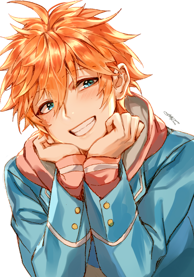 kwanmaengg, akehoshi subaru, ensemble stars!, commentary, 1boy, blue eyes, hood, hood down, long sleeves, male focus, orange hair, school uniform, short hair, signature, simple background, smile, solo, teeth, upper body, white background, yumenosaki school uniform