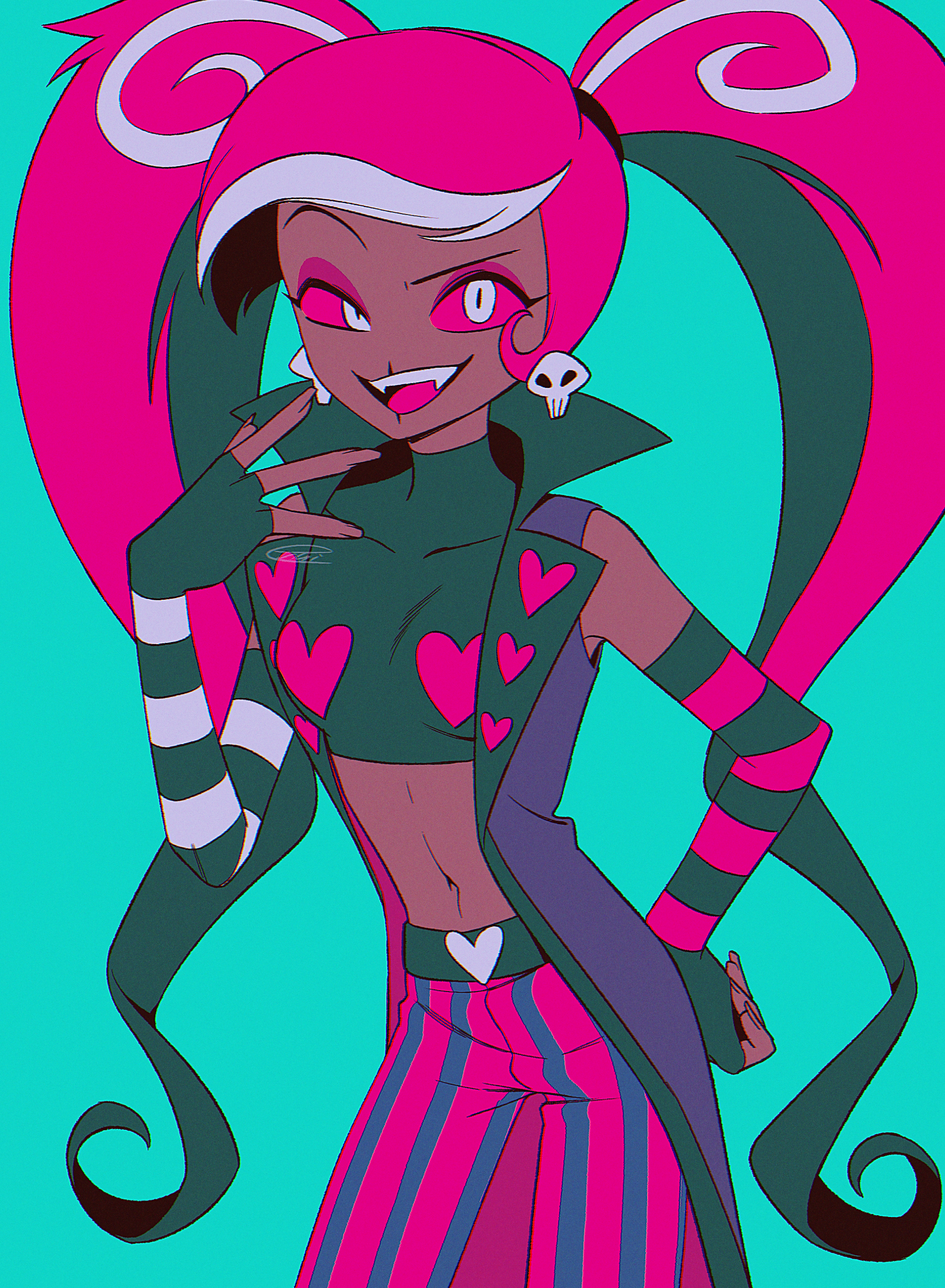 menma (enaic31), velvette (hazbin hotel), hazbin hotel, hellaverse, absurdres, commentary request, highres, 1girl, :d, aqua background, asymmetrical gloves, bare shoulders, belt, black belt, black gloves, black hair, black shirt, blue pants, breasts, chromatic aberration, coat, collared coat, colored sclera, contrapposto, cowboy shot, crop top, cropped shirt, curly hair, dark-skinned female, dark skin, earrings, elbow gloves, eyeshadow, fangs, film grain, fingerless gloves, gloves, hand on own hip, heart, heart belt, heart print, jewelry, long hair, makeup, midriff, mismatched gloves, multicolored hair, navel, open clothes, open coat, open mouth, pants, pink eyeshadow, pink gloves, pink hair, pink pants, pink sclera, purple coat, raised eyebrow, shirt, signature, simple background, skull earrings, sleeveless, sleeveless coat, sleeveless shirt, sleeveless turtleneck, small breasts, smile, solo, standing, streaked hair, striped clothes, striped gloves, striped pants, swept bangs, teeth, tongue, turtleneck, turtleneck shirt, twintails, two-tone gloves, two-tone pants, uneven eyes, upper teeth only, vertical-striped clothes, vertical-striped pants, very dark skin, very long hair, white eyes, white gloves, white hair