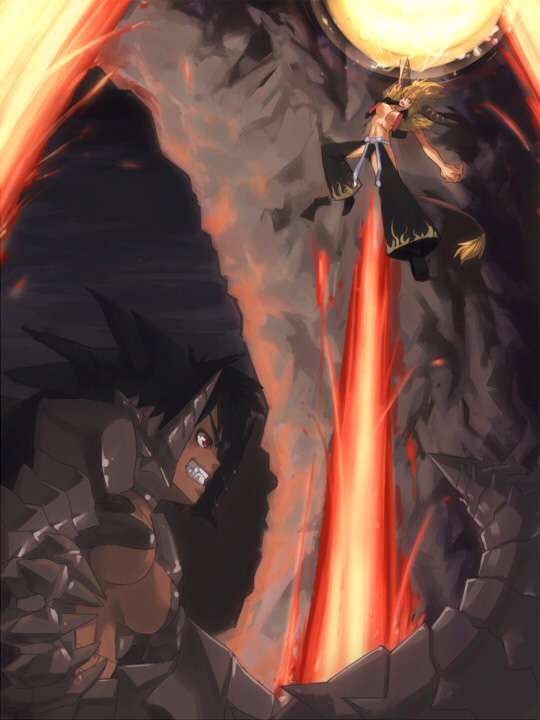 akinaie, yoshio (55level), akantor, rajang, capcom, monster hunter (series), 2girls, black hair, blonde hair, breasts, dark-skinned female, dark skin, horns, large breasts, lava, monster girl, multiple girls, personification, red eyes, tail, underboob
