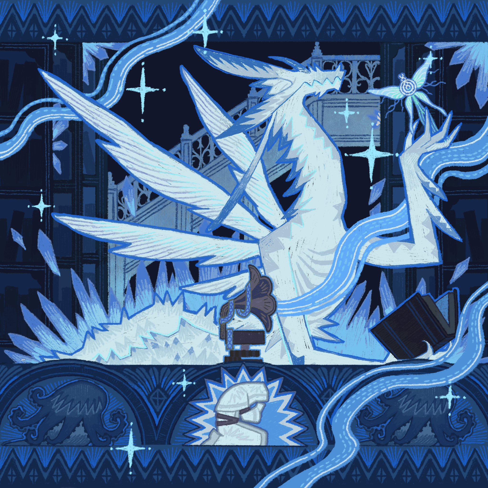 la bo chu shi, moonlight butterfly (dark souls), pisaca (dark souls), seath the scaleless, dark souls (series), dark souls i, highres, 1girl, blue background, blue theme, book, bug, butterfly, cleric, crystal, dragon, holding, holding book, insect, library, praying, robe, tapestry, wings