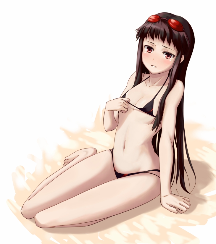 ket-c, jakuri (ar tonelico), ar tonelico, ar tonelico ii, gust, 00s, 1girl, arm support, barefoot, bikini, black bikini, brown hair, female focus, flat chest, goggles, goggles on head, long hair, red eyes, sitting, solo, string bikini, swimsuit, yokozuwari