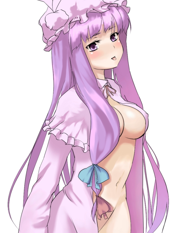 ket-c, patchouli knowledge, touhou, 1girl, :p, blush, bow, breasts, capelet, covered erect nipples, female focus, groin, hair bow, hat, long hair, medium breasts, navel, open clothes, open robe, pink bow, purple eyes, purple hair, robe, simple background, solo, tongue, tongue out