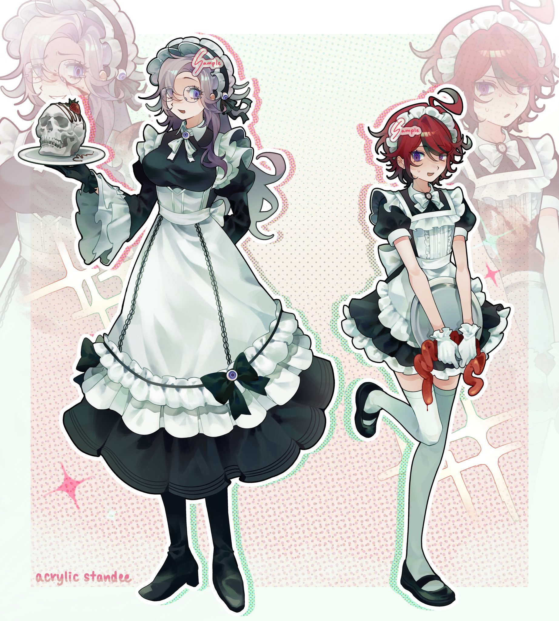 xin ci, aotsuki eito, sumino takumi, the hundred line -last defense academy-, commentary, highres, symbol-only commentary, 2girls, ahoge, apron, black boots, black dress, black gloves, black shoes, blue eyes, boots, dress, empty eyes, eyelashes, frilled apron, frilled sleeves, frills, full body, genderswap, genderswap (mtf), glasses, gloves, grey hair, high heel boots, high heels, holding, holding tray, intestines, juliet sleeves, long hair, long sleeves, looking at viewer, maid, maid apron, maid headdress, mary janes, multiple girls, outline, puffy sleeves, red hair, round eyewear, shoes, short hair, skull, thighhighs, tray, underbust, white apron, white gloves, white headdress, white thighhighs, zoom layer