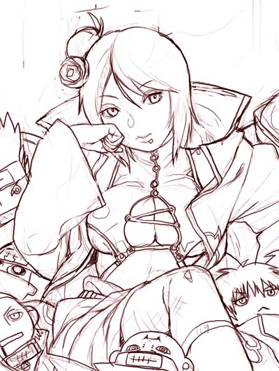 nekomata naomi, hidan (naruto), hoshigaki kisame, kakuzu (naruto), konan (naruto), pain (naruto), pain (tendo), sasori (naruto), naruto (series), naruto shippuuden, 1girl, bad anatomy, bad proportions, breasts, character doll, cleavage, doll, face piercing, female focus, flower, hair bun, labret piercing, large breasts, monochrome, poorly drawn, purple theme, single hair bun, sitting, sketch, solo