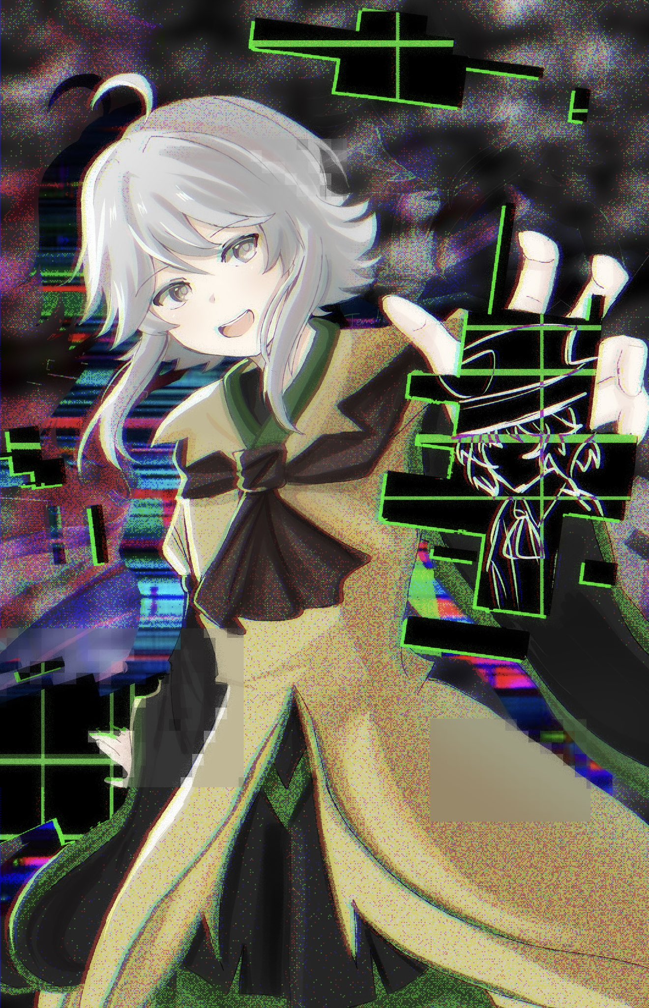 temshi, enraku tsubakura, houlen yabusame, len'en, highres, 1other, abstract background, ahoge, androgynous, ascot, black kimono, black shorts, brown ascot, brown coat, coat, collared coat, cowboy shot, dot nose, glitch, grey eyes, grey hair, hair between eyes, happy, japanese clothes, jinbei (clothes), kimono, lapels, layered sleeves, long sleeves, looking at viewer, notched lapels, open mouth, other focus, outstretched hand, portal (object), puffy short sleeves, puffy sleeves, short hair with long locks, short kimono, short over long sleeves, short sleeves, shorts, sidelocks, smile, solo, standing, teeth, upper teeth only