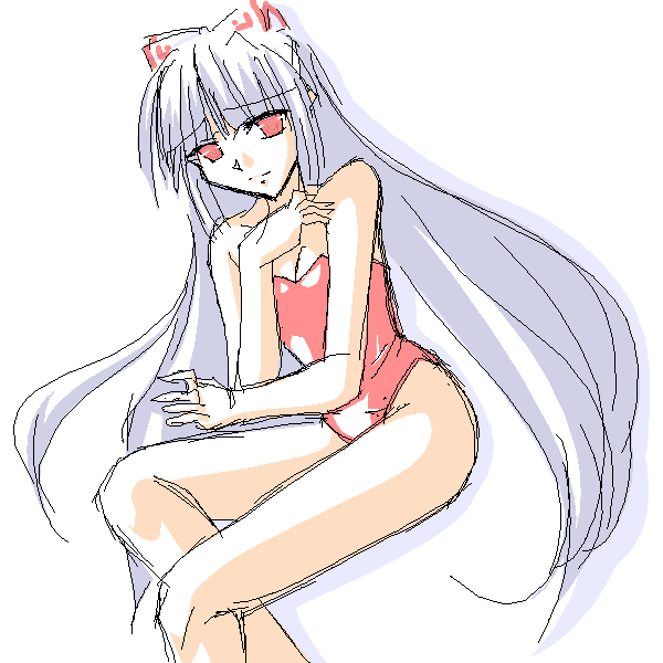 fujiwara no mokou, touhou, eyebrows, 1girl, bare legs, bare shoulders, bow, breasts, cleavage, competition swimsuit, female focus, groin, hand on own chest, long hair, looking back, one-piece swimsuit, red eyes, simple background, sitting, small breasts, solo, swimsuit, thighs, very long hair, white background, white hair