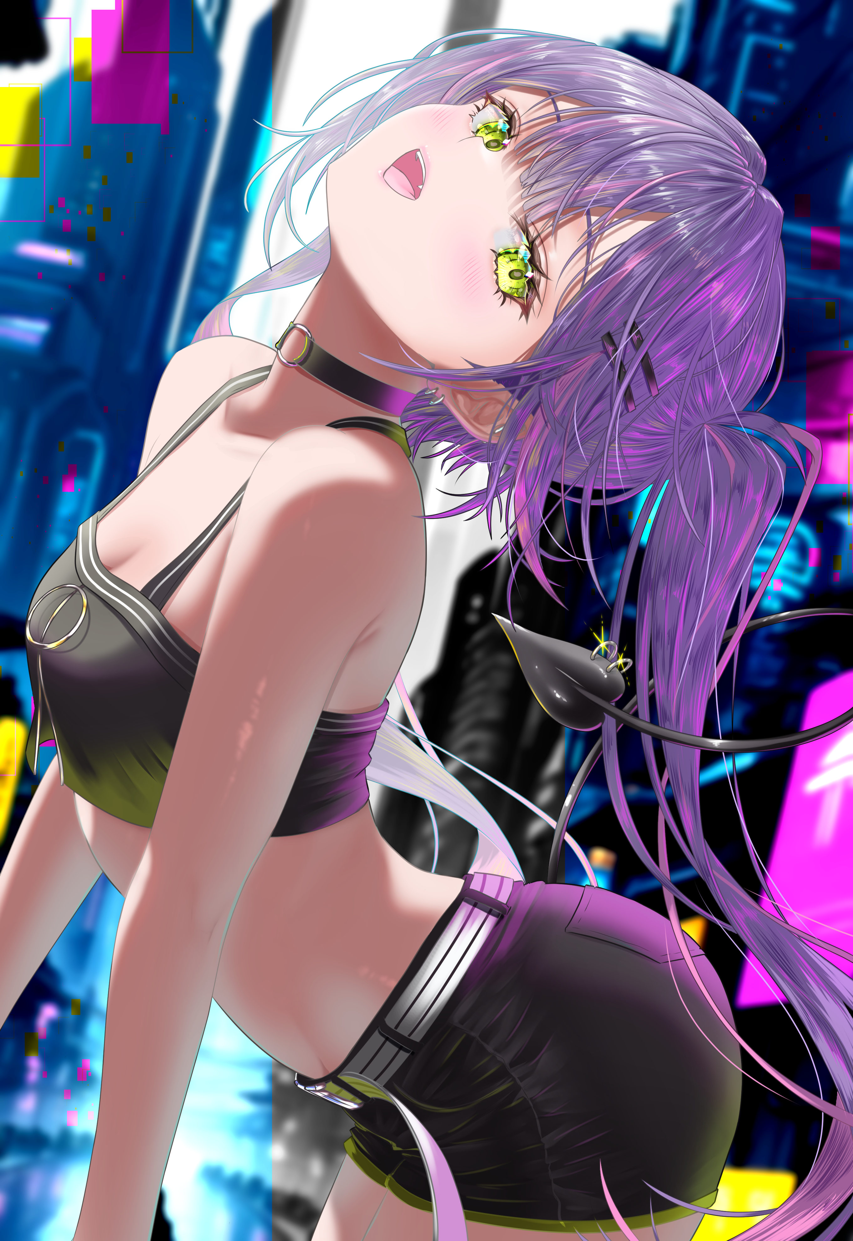 nanaki24, tokoyami towa, tokoyami towa (1st costume), hololive, absurdres, commentary, highres, 1girl, arched back, armpit crease, bare arms, bare shoulders, belt, black choker, black shirt, black shorts, blurry, blurry background, breasts, choker, cleavage, cowboy shot, crop top, demon tail, fang, green eyes, hair ornament, hairclip, head tilt, long hair, looking at viewer, midriff, multicolored hair, no jacket, o-ring, o-ring choker, open mouth, purple hair, shirt, short shorts, shorts, sleeveless, sleeveless shirt, small breasts, smile, solo, stomach, streaked hair, tail, tail ornament, tail ring, twintails, virtual youtuber