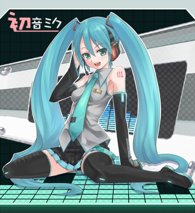akinaie, yoshio (55level), hatsune miku, vocaloid, bad id, bad pixiv id, 1girl, aqua hair, breasts, female focus, necktie, solo, tattoo, thighhighs, twintails