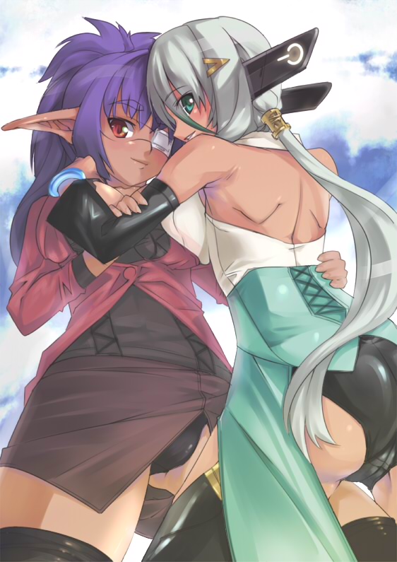 akinaie, yoshio (55level), capcom, monster hunter (series), cameltoe, cloud, eyepatch, green eyes, grey hair, pointy ears, ponytail, purple hair, red eyes, sky, thighhighs