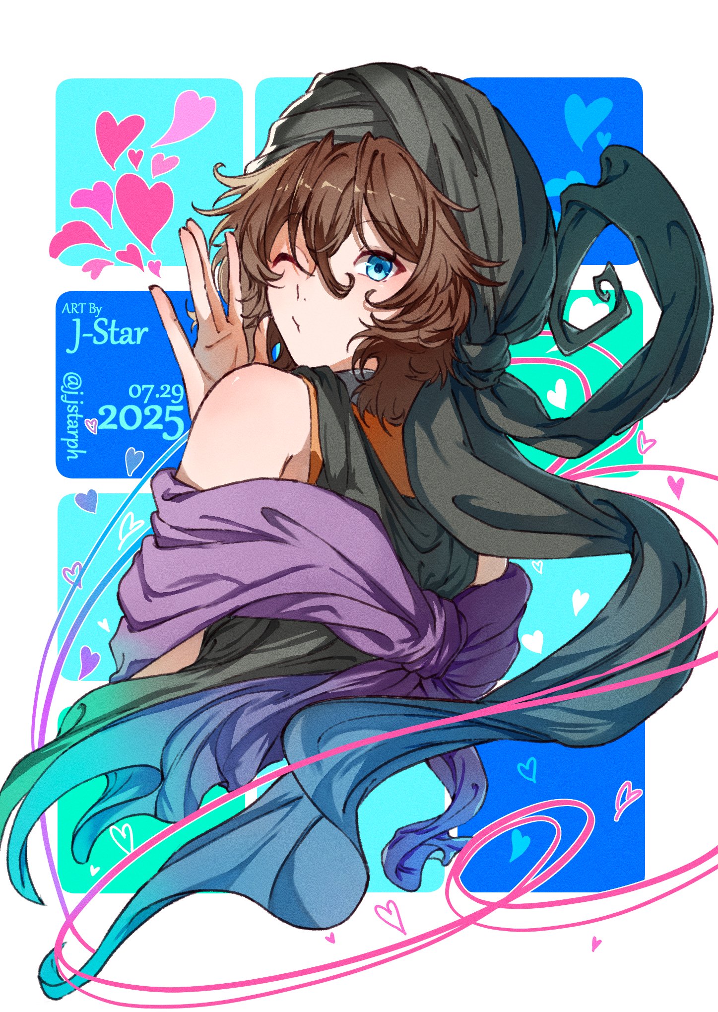 yoni., cine hamal, kuzu suzumi, len'en, highres, 1other, 2025, androgynous, artist name, bandana, bare shoulders, black bandana, black cape, blue background, blue eyes, border, brown hair, cape, choker, cropped torso, eyelashes, hair between eyes, hand on own cheek, hand on own face, heart, heart of string, jacket, looking at viewer, looking back, one eye closed, orange jacket, other focus, outside border, palms, parted lips, purple scarf, scarf, short hair, sleeveless, sleeveless jacket, solo, turban, white border