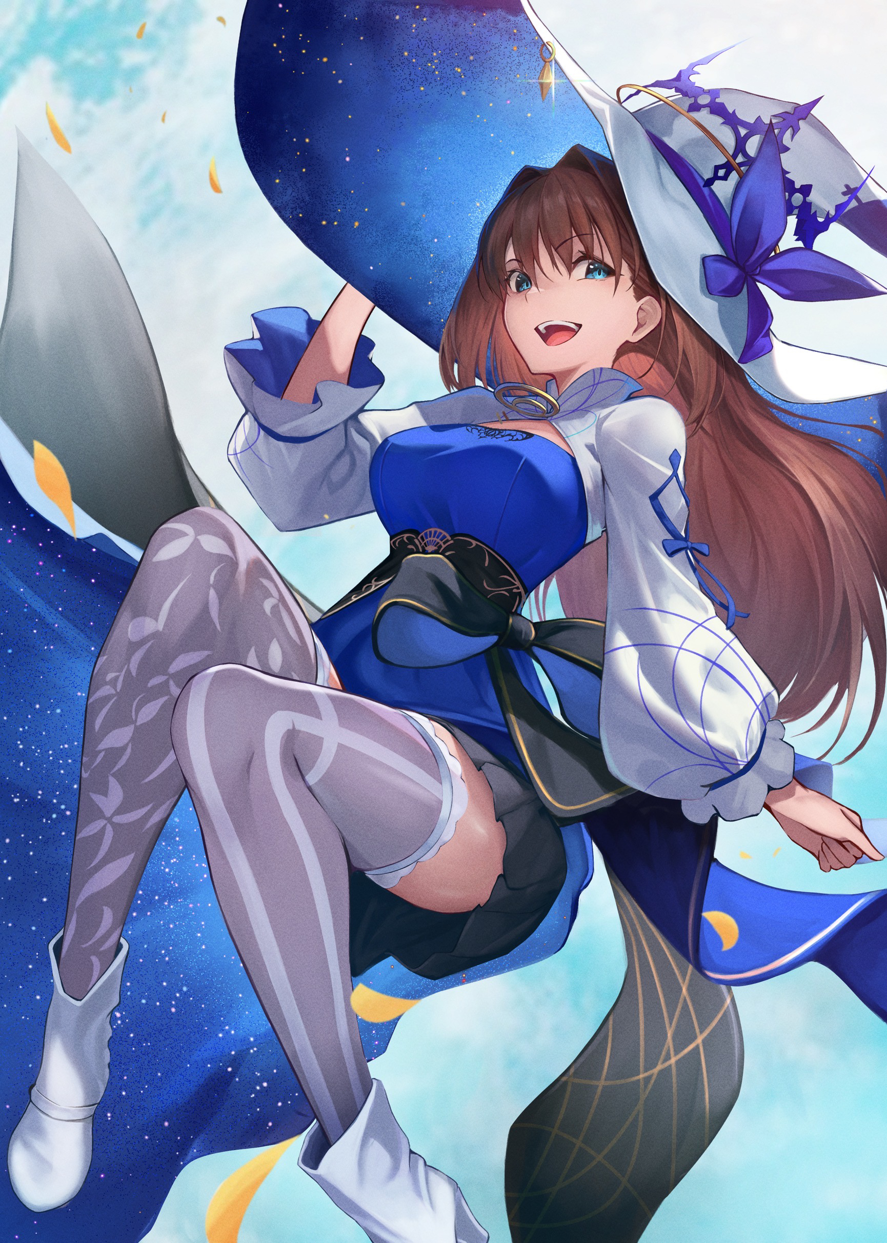 genshu doki, aozaki aoko, aozaki aoko (celebratory attire), fate/grand order, fate (series), absurdres, highres, 1girl, blue eyes, boots, breasts, brown hair, cleavage cutout, clothing cutout, hat, high heel boots, high heels, large breasts, open mouth, pleated skirt, skindentation, skirt, solo, thighhighs, white thighhighs, witch, witch hat, zettai ryouiki