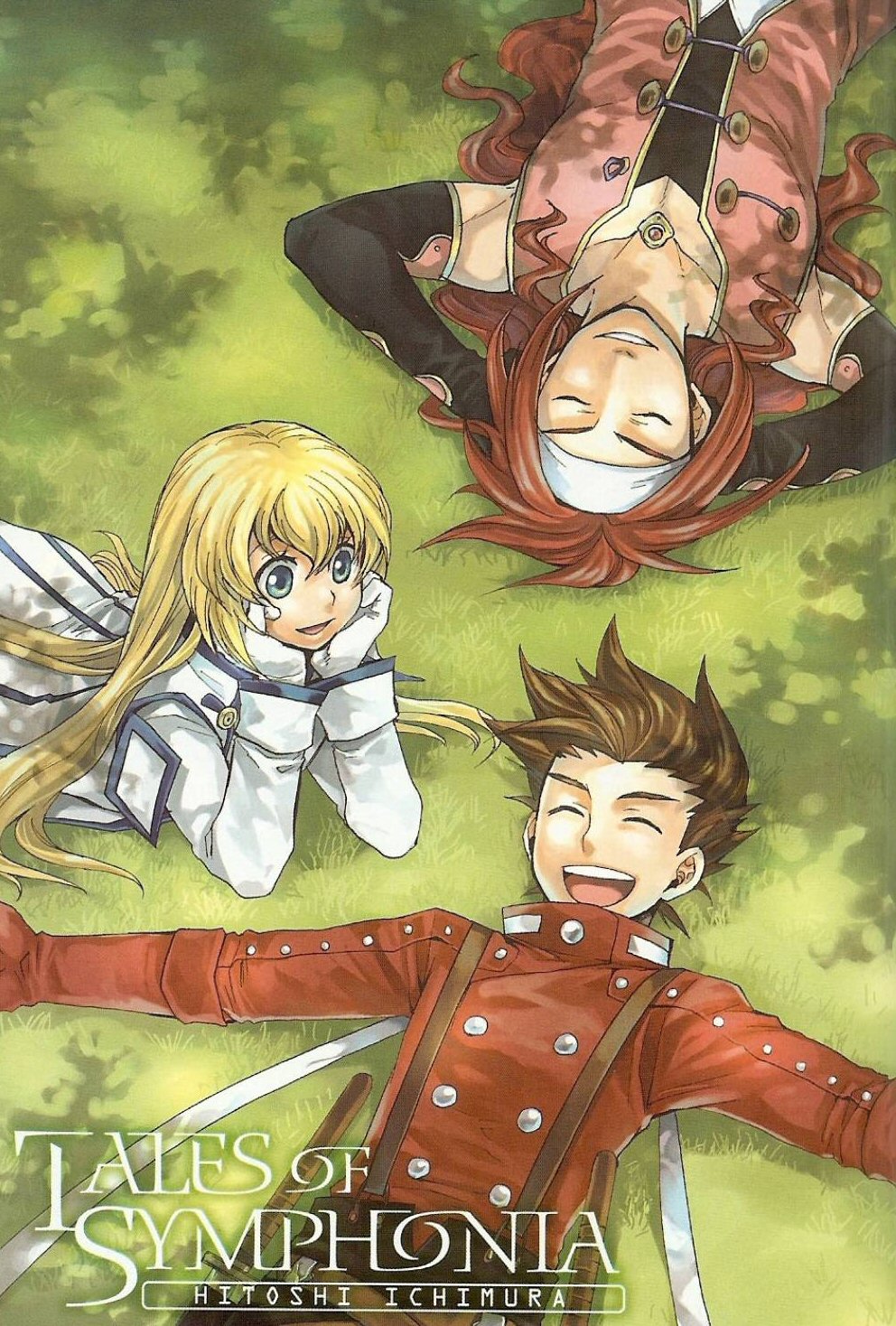 colette brunel, lloyd irving, zelos wilder, tales of (series), tales of symphonia, highres, scan, 00s, grass, lying