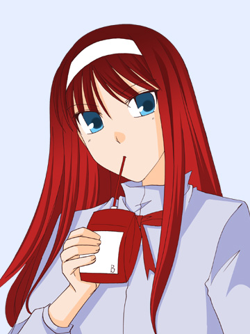 tohno akiha, toono akiha, vermillion akiha, tsukihime, lowres, 00s, blood, blood bag, blue eyes, drink, drinking blood, red hair, solo