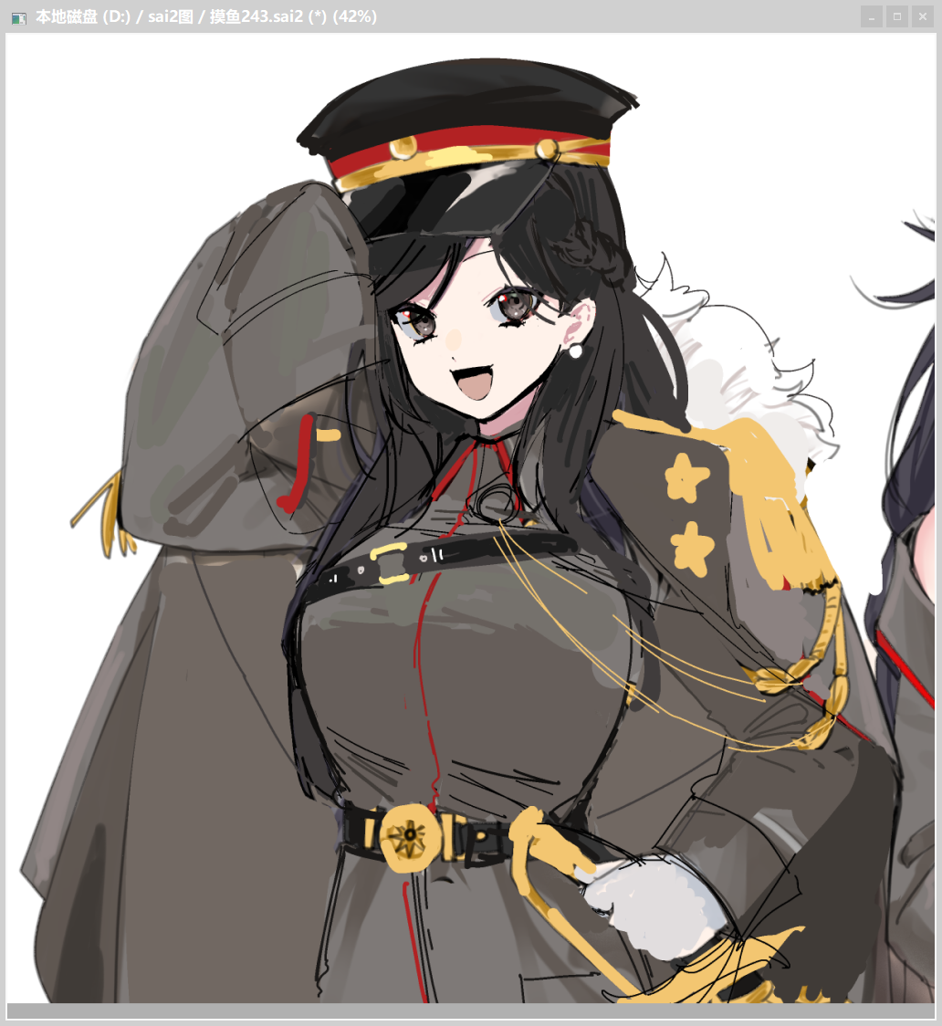 bisaytin, general liu (girls' frontline), girls' frontline, painttool sai, 1girl, :d, aiguillette, belt, black eyes, black hair, braid, earrings, gloves, hat, jacket, jacket on shoulders, jewelry, military uniform, open mouth, peaked cap, sheath, sheathed, single sleeve past fingers, sketch, smile, solo, sword, upper body, weapon, white background, white gloves