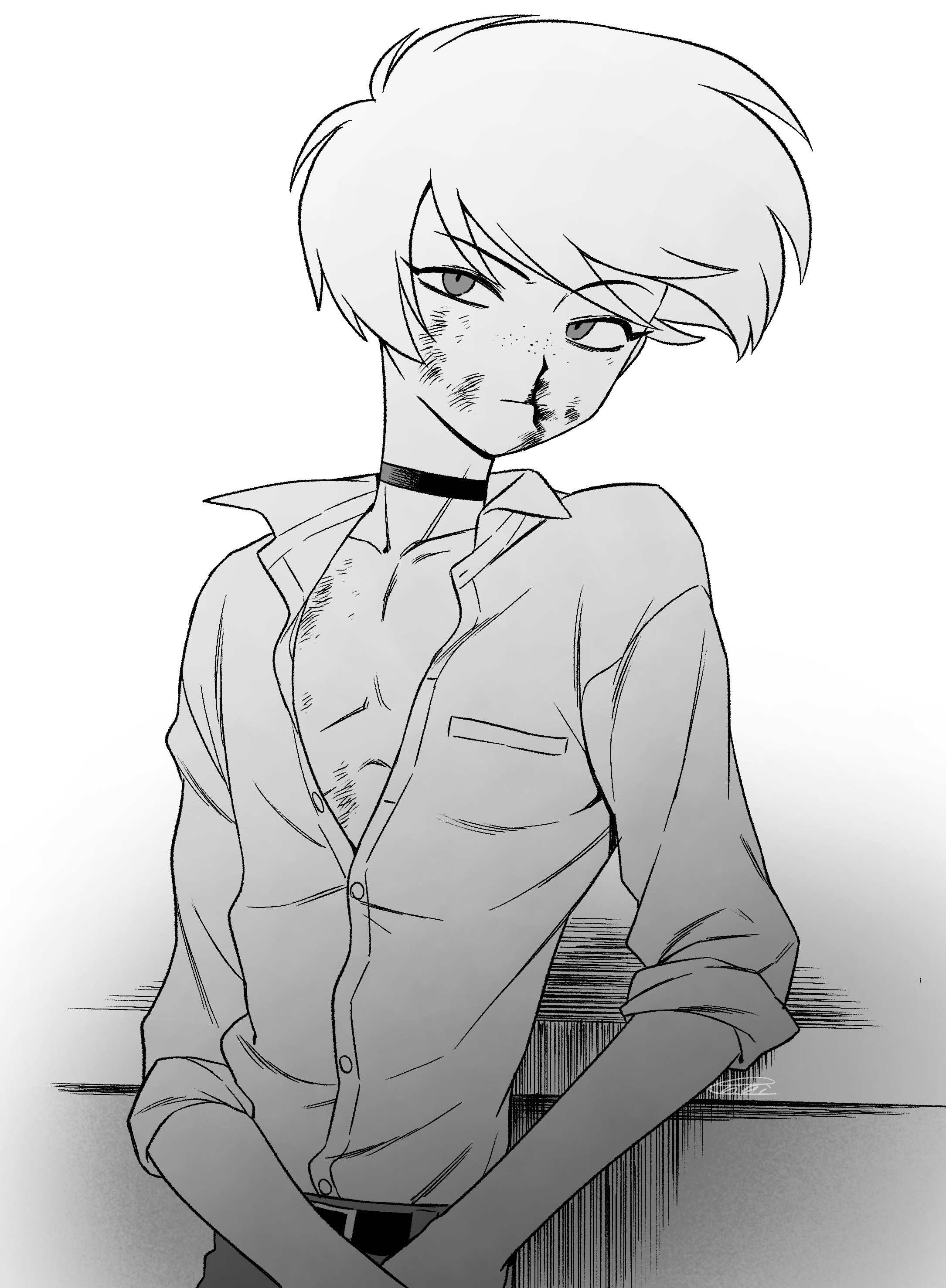 menma (enaic31), angel dust, hazbin hotel, hellaverse, absurdres, commentary request, highres, 1boy, belt, blood, choker, closed mouth, collarbone, collared shirt, cowboy shot, elbow rest, freckles, hatching (texture), humanization, leaning, male focus, nosebleed, pants, partially unbuttoned, raised eyebrow, shirt, short hair, simple background, skinny, solo, standing, three-quarter sleeves, white background