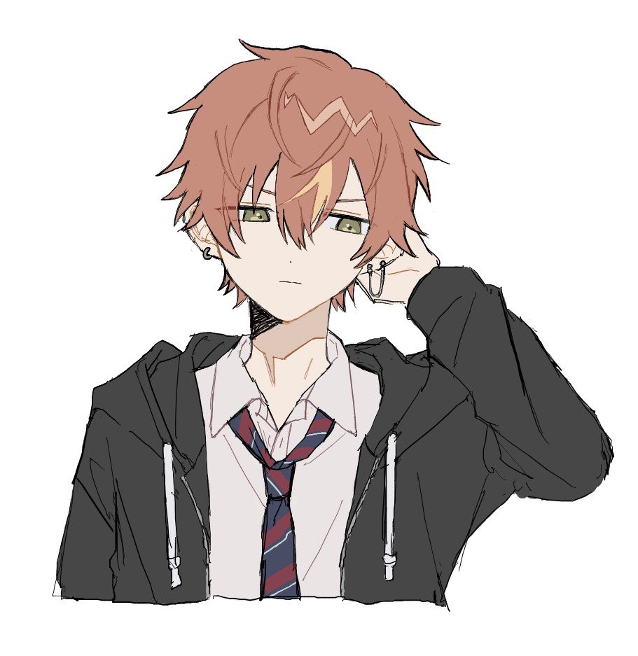 shinonome akito, project sekai, 1boy, black jacket, blonde hair, closed mouth, collared shirt, diagonal-striped clothes, diagonal-striped necktie, drawstring, ear chain, earrings, facing viewer, green eyes, hand up, jacket, jewelry, kamiyama high school uniform (project sekai), ks ss310, linked piercing, long sleeves, male focus, multicolored hair, necktie, orange hair, piercing, school uniform, shirt, simple background, solo, streaked hair, striped clothes, two-tone hair, upper body, white background