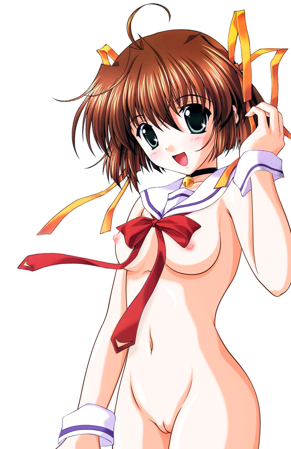 asakura nemu, da capo, highres, 00s, 1girl, breasts, female focus, navel, nude, pussy, ribbon, simple background, solo, standing, uncensored, white background