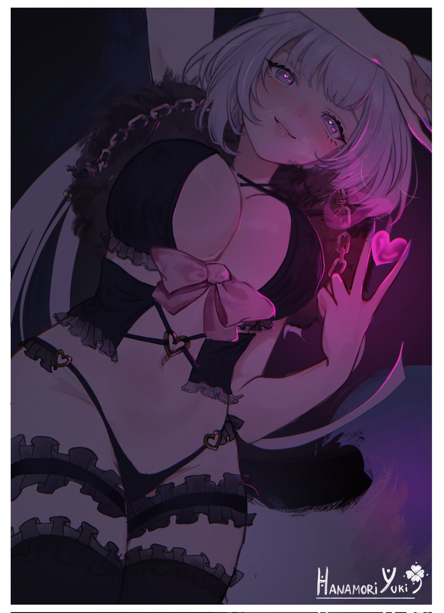 zaikiai, indie virtual youtuber, 1girl, artist name, blush, breasts, cleavage, heart, heart-shaped pupils, medium breasts, purple eyes, smile, solo, symbol-shaped pupils, v, virtual youtuber, watermark